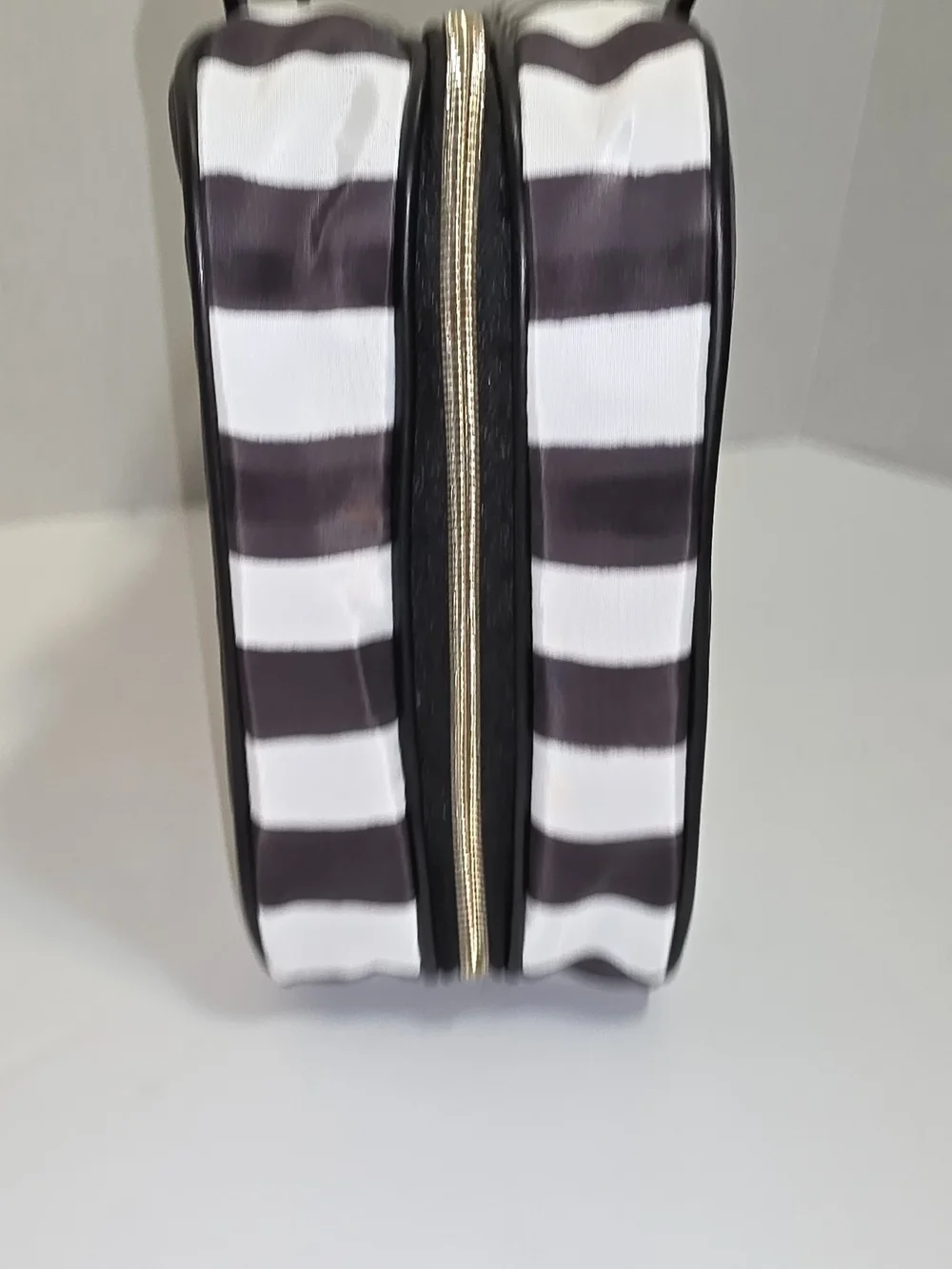 Victoria's Secret Black and White Striped Cosmetic Case with Gold Logo